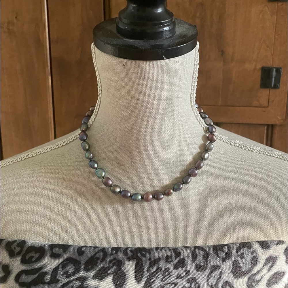 Peacock Black FWC Pearl Necklace, single Strand, 18”